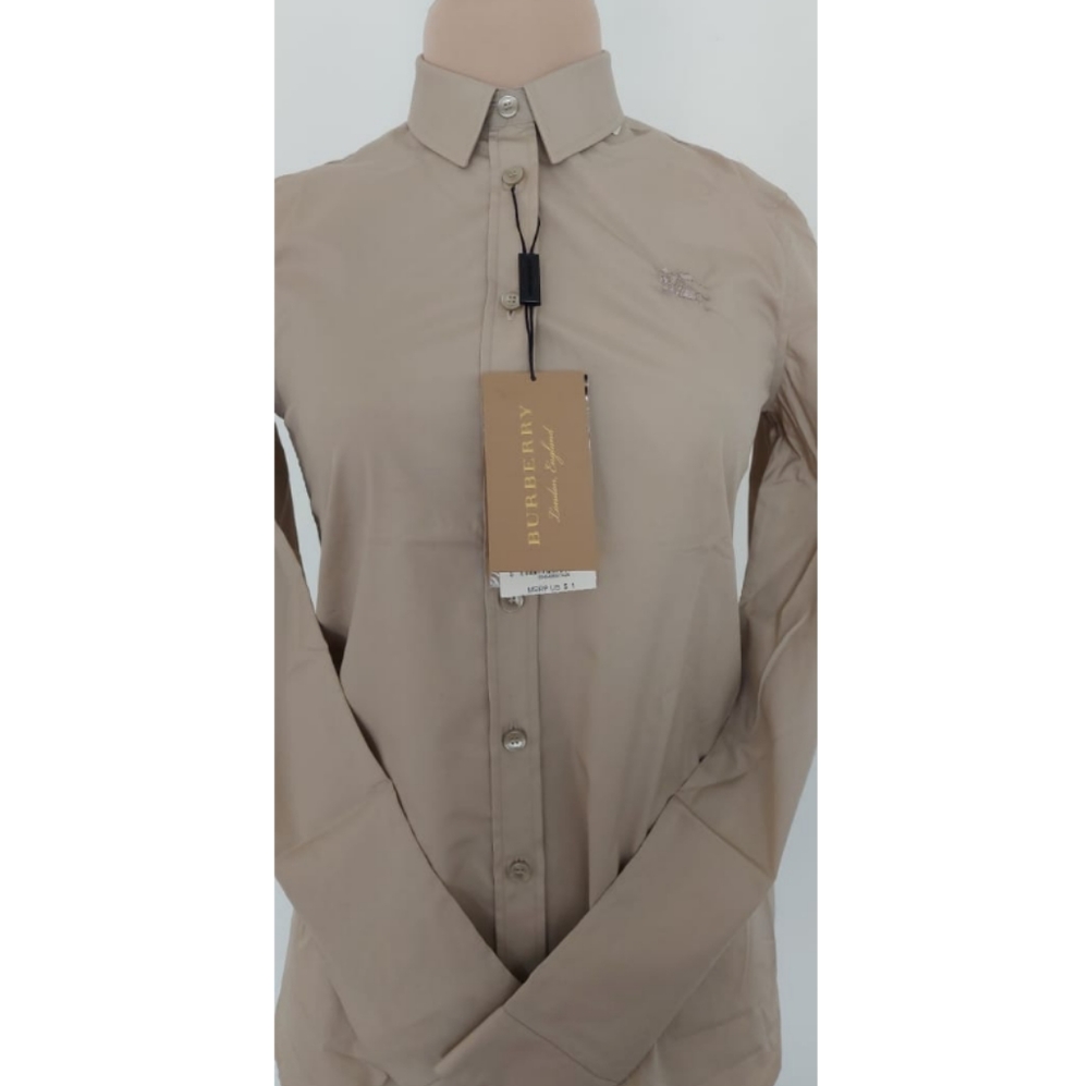 burberry beige long sleeve button down women shirt with embroidered logo.